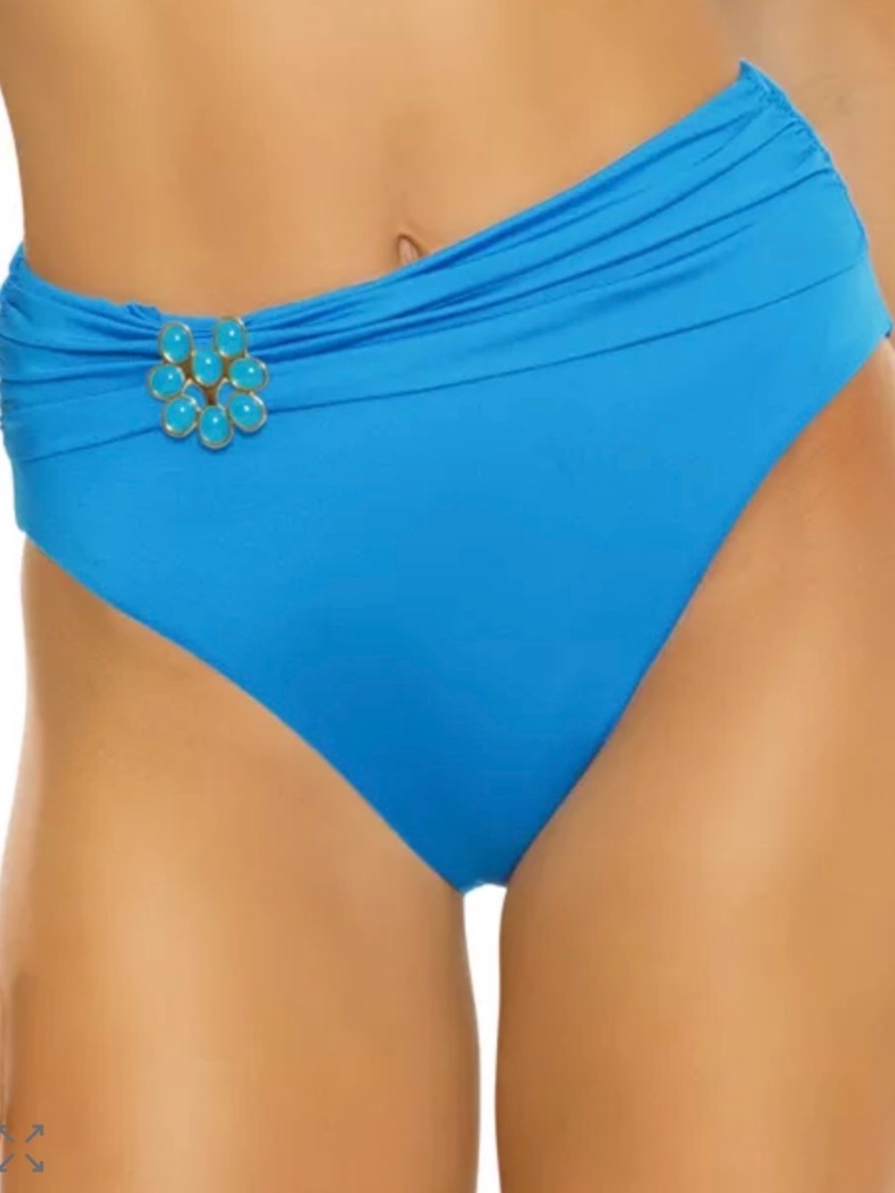 Trina Turk Bright Blue High-Waist Bikini Bottom with Gold Flower Accent